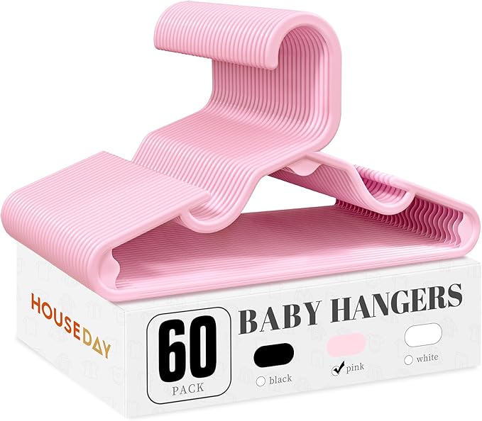 HOUSE DAY Plastic Baby Hangers for Closet 60 Pack, Durable Plastic Kids Hangers for Baby Clothes, Thin & Compact Childrens Hangers, Space Saving Pink Baby Hanger, Small Hanger for Kids Clothes