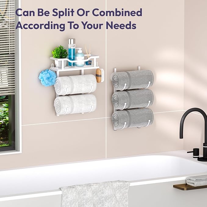 SWTYMIKI Over The Door Towel Rack - 6 Tier Towel Racks for Bathroom Wall Mounted, Towel Holder with Shelf, Hanging Rolled Towel Storage Organizer for Small Bathroom, Camper, RV, White