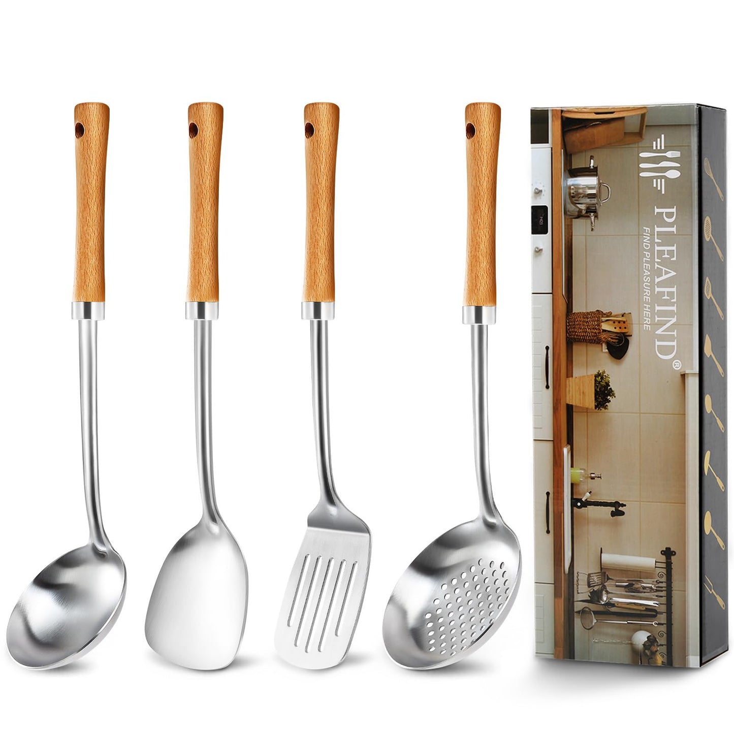 Pleafind Cooking Utensils Set - 4 Pcs Stainless Steel Kitchen Utensils Set with Solid Turner, Slotted Turner, Serving Ladle, Slotted Spoon, Wok Utensils Set with Heat Resistant Handle, Dishwasher Safe