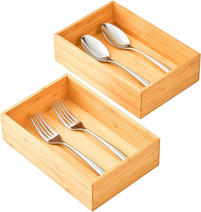 Umilife Bamboo Kitchen Utensils Organizer, Extra High Silverware Drawer Holder, Flatware Cutlery Storage Box, Multi-Use Drawer Divider in Office, Bathroom, Pantry - 12"x6"x2.5" (Set of 2)