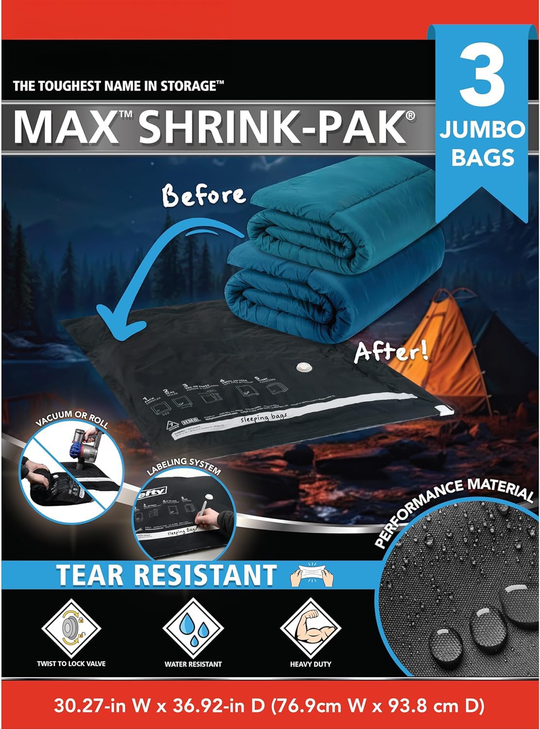 Shrink-Pak Vacuum Seal Storage Bags for Clothing, Travel, Bedding | Tear & Water Resistant, Dual-Valve Space Saver Compression Bags, Pump Included - Jumbo (30x36 Inch), 3-Pack