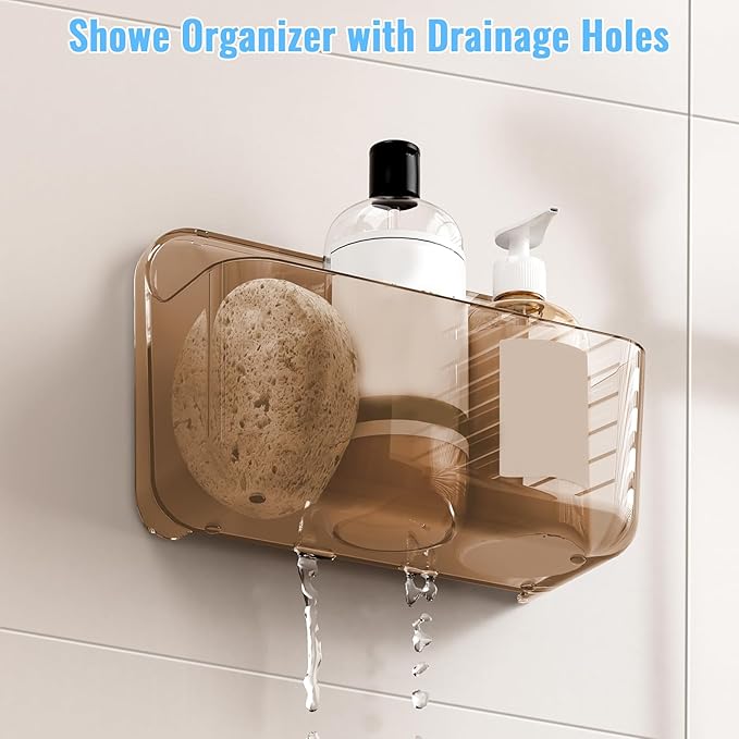 CGBE 2 Packs Cabinet Door Organizer, Acrylic Adhesive Shelf Wall Mounted Storage, Self Adhesive Shower Shelves Without Drilling, Automatic Draining Clear Shower Organizer for Bathroom (Amber)