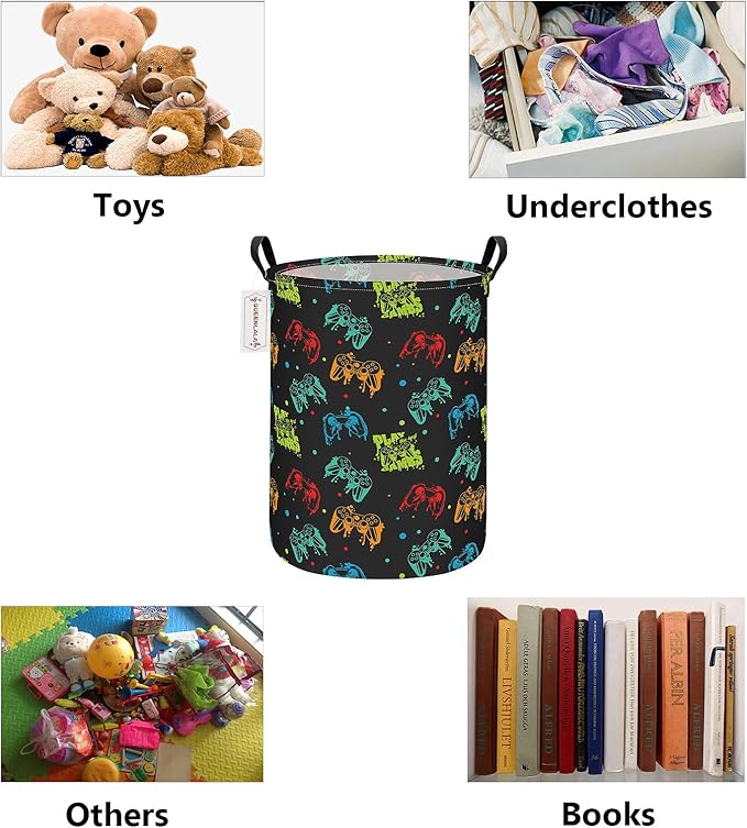 QUEENLALA Large Storage Basket,Laundry Hamper/Bathroom/Home Decor/Collapsible Round Storage Bin,Boys and Girls Hamper/Boxes/Clothing(Round-Black Game)