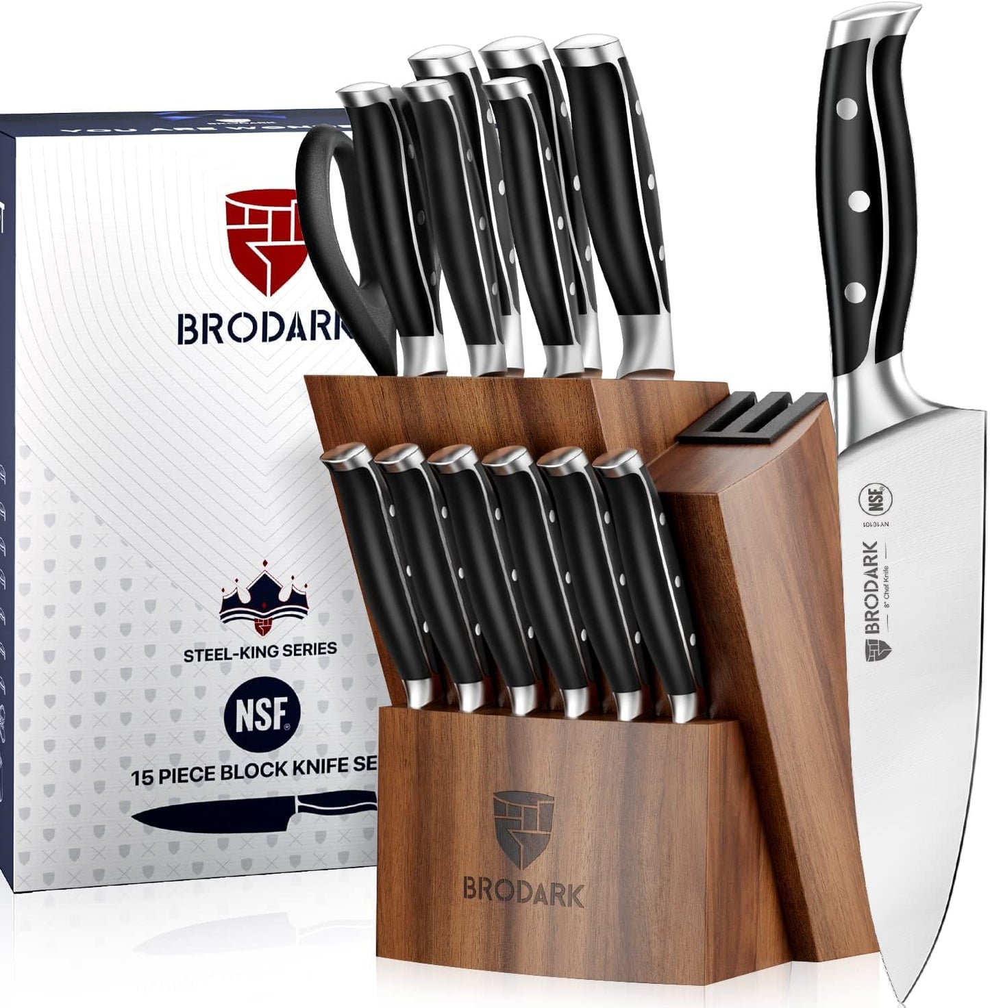 BRODARK 7Pcs Ultra Sharp Kitchen Knife Set, Acacia Wood Block with Scissors