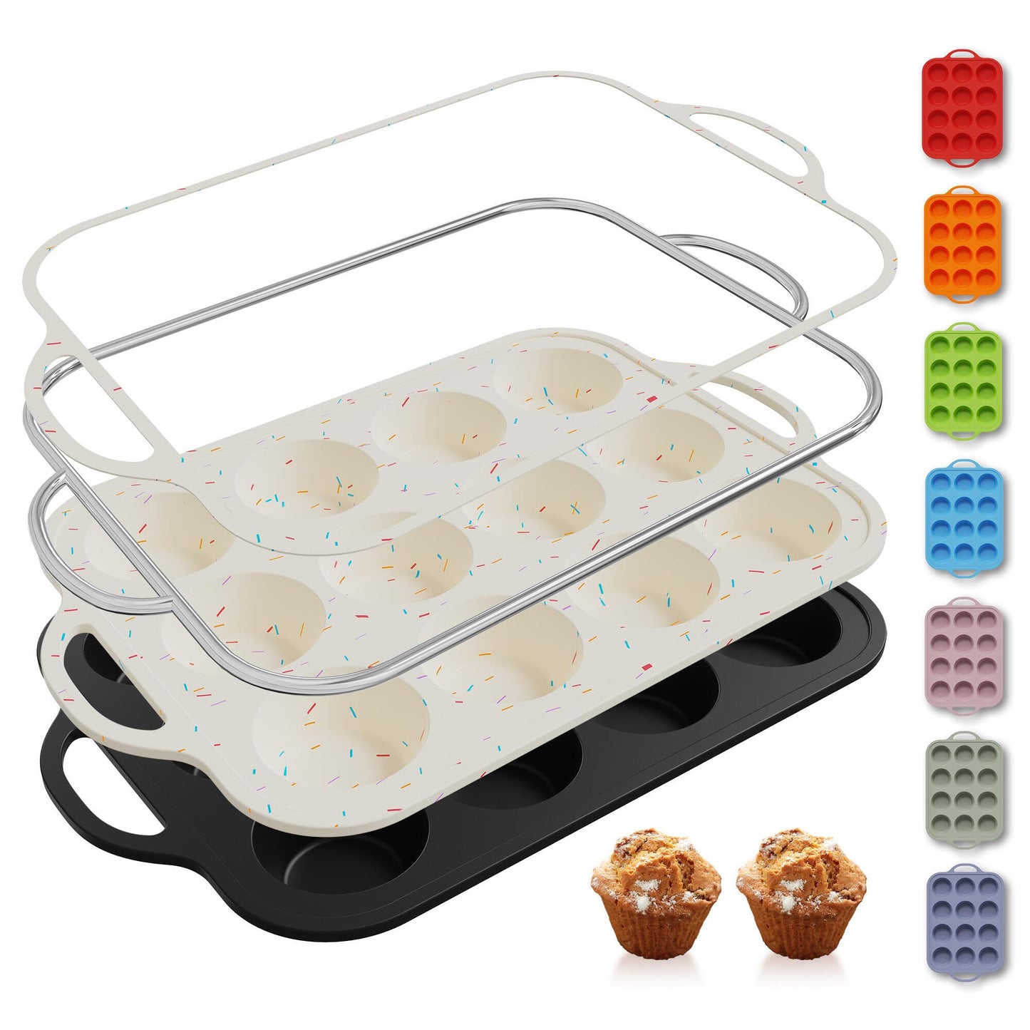 2 Packs 12 Cups Silicone Muffin Pan for Baking with Metal Reinforced Frame Regular Size Cupcake Pan Tray Chocolate Egg Pizza Bites Oven Top Cookie Molds Muffin Tin Tart Pans Sheet Set Bakeware Liner