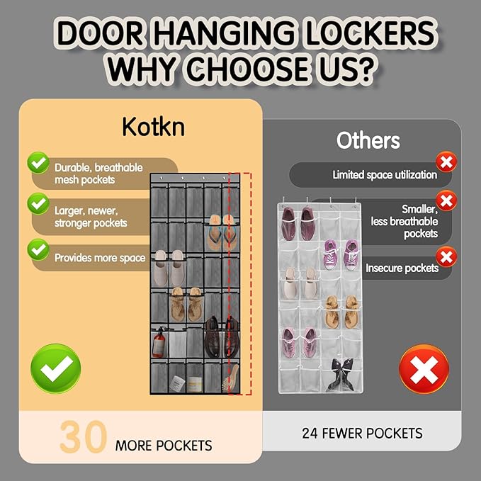 Over the Door Shoe Organizer with 30 Breathable Mesh Pockets - Large Capacity Closet Storage for Men & Women, Hanging Shoe Rack Organizer (Gray)