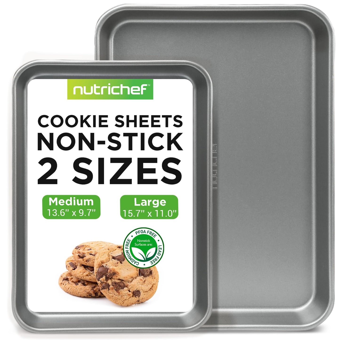 NutriChef 2-Piece Large & Medium Cookie Sheets for Baking - Non Stick Baking Sheet for Cookies, Sheet Cakes & Roasting - Dishwasher Safe - Gray