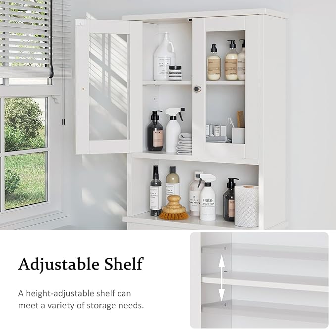 Meilocar Over The Toilet Storage Cabinet for Bathroom, White Storage Organizer Over Toilet, Space Saver with Tempered Glass Doors, White