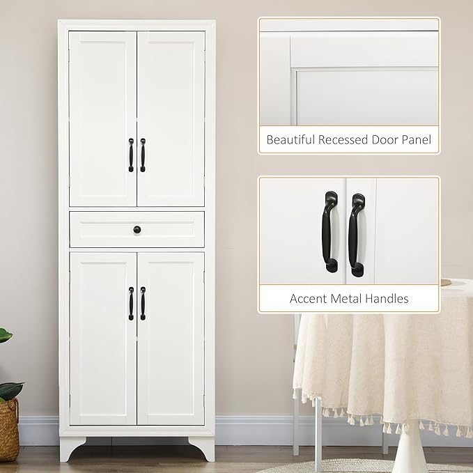 HOMCOM 67" Tall Freestanding Kitchen Pantry Cabinet 4-Door Drawer White