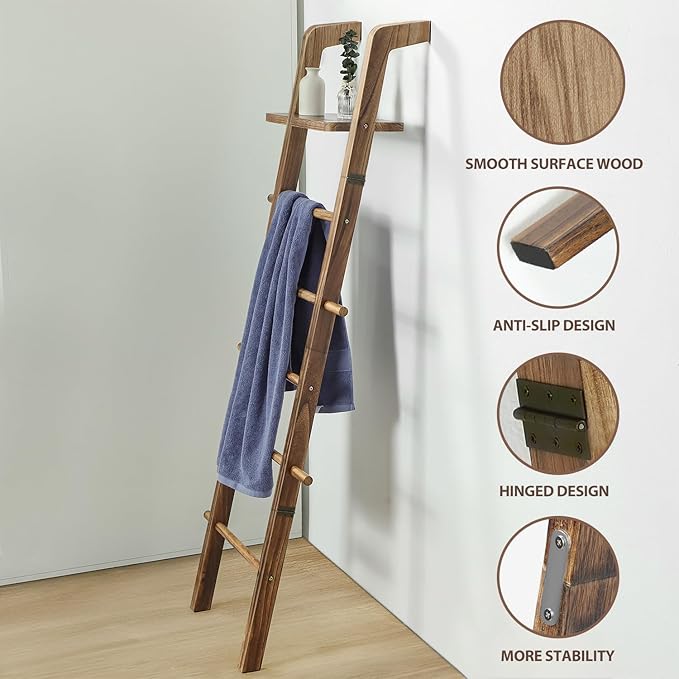 Taozun 67-Inch Wooden Blanket Ladder with Shelf for Living Room - 5-Tier Farmhouse Towels and Quilt Rack Decor - Leaning Wall Display Holder for Blankets and Throws
