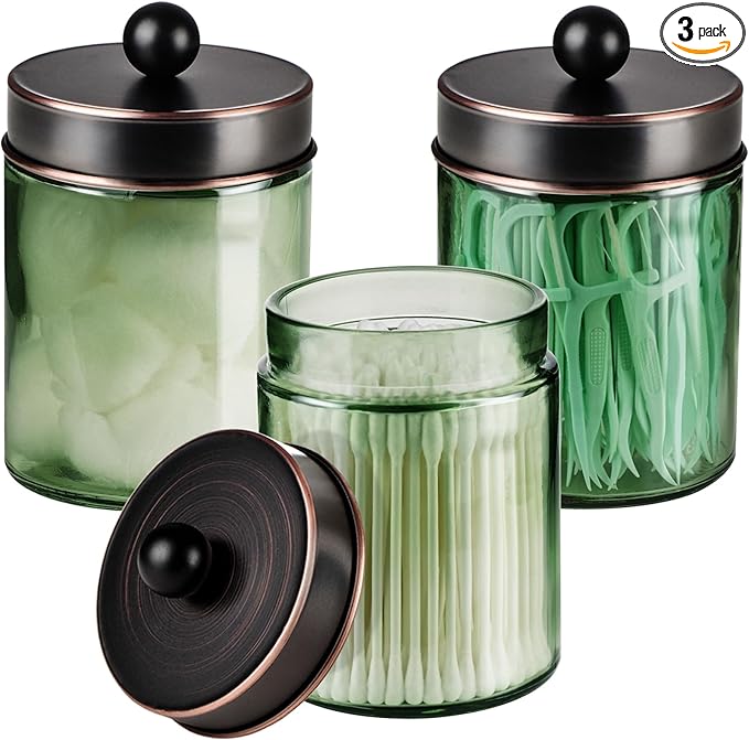3 Pack Apothecary Jar Canisters Bathroom Vanity Organizer - Qtip Holder Storage Organizer Set Countertop Canister with Stainless Steel Lids &Cute Stickers for Qtips,Cotton Swabs,Makeup Sponges,Floss