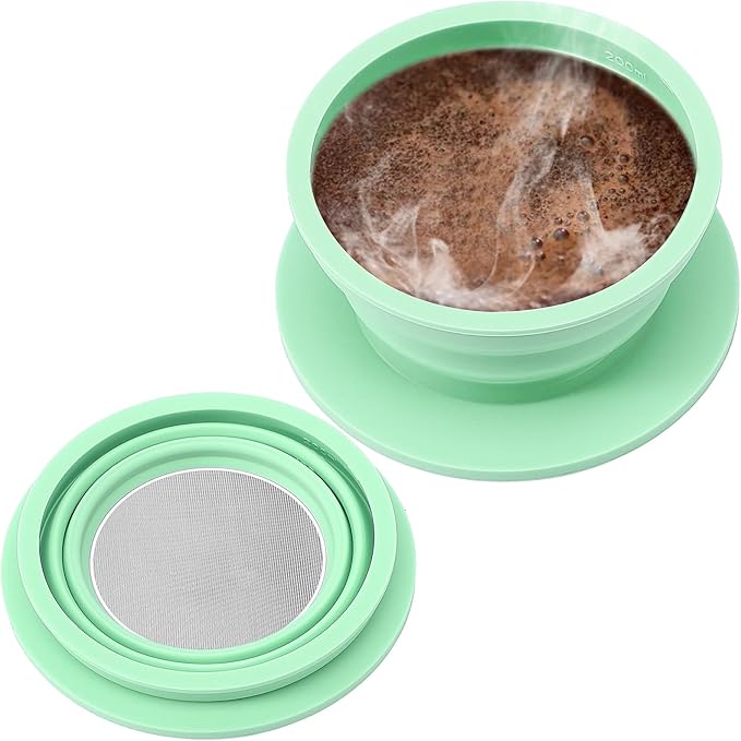 VVGCS Paperless Travel Camping Pour Over Coffee Maker with Stainless Steel Filter, Collapsible Travel Pour Over Coffee Dripper Kit, Silicone Backpacking Coffee Maker Single Serve Pour Over