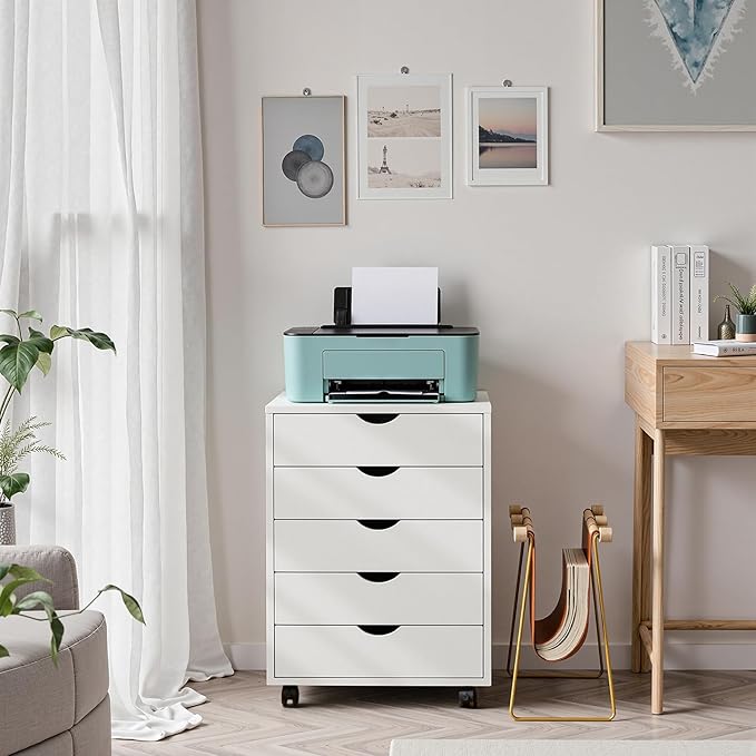 OLIXIS 5 Drawer Mobile File Cabinet Under Desk Storage Organization with Wheels Vertical Filing Chest Rolling Wood Small Desk Printer Stand for Home Office, 15.75"D x 18.74"W x 25.39"H, White