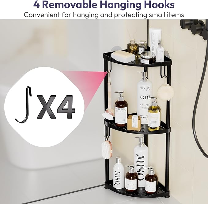 SWTYMIKI Corner Shower Caddy Standing - 3 Tier Stainless Steel Shower Organizer Stand, Large Capacity Floor Shelf with 4 Hooks, Rustproof Bathroom Storage Rack, Black