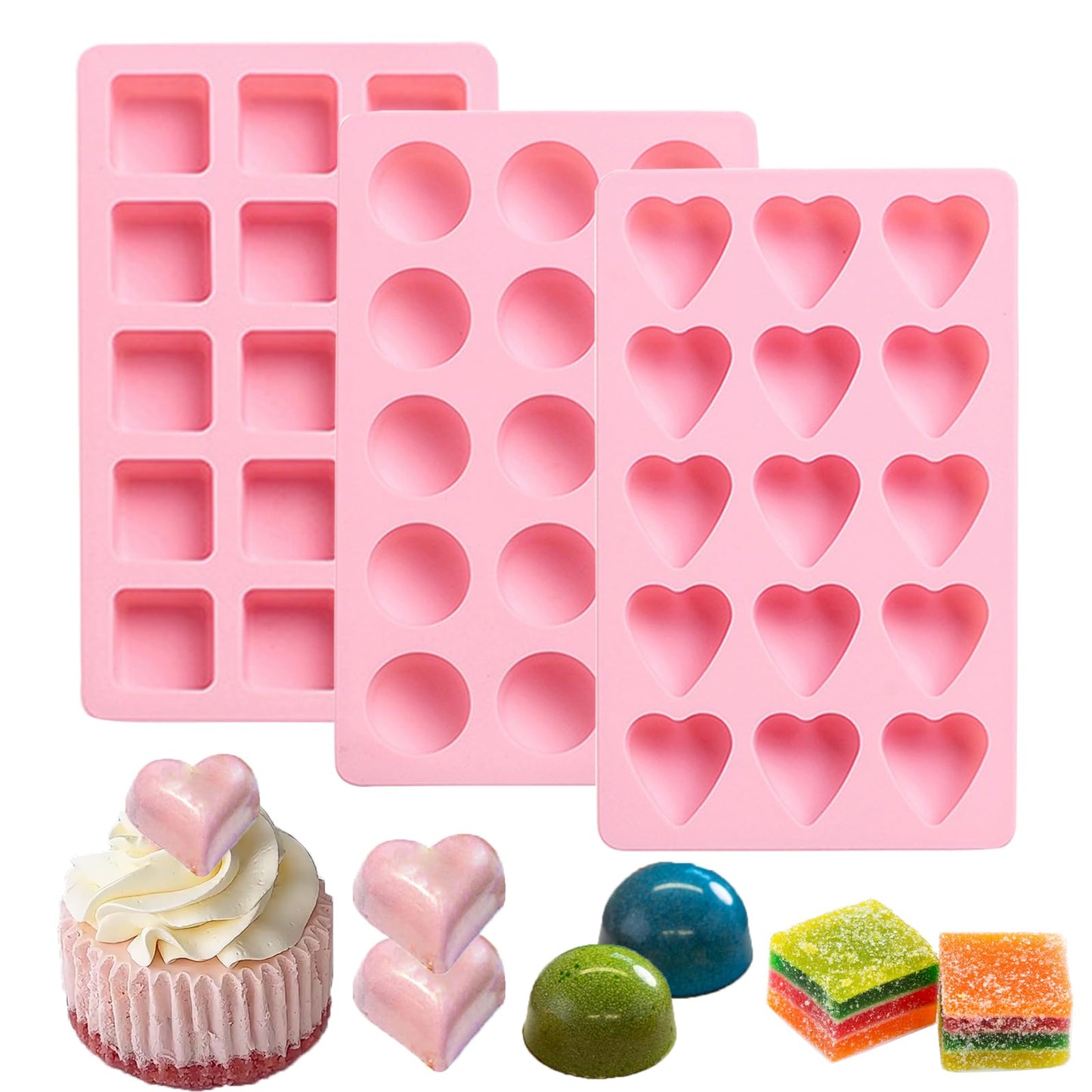 3Pack Hard Candy Molds Silicone Gummy Mold, Heart Molds Square Gummy Mold Bon Bon Chocolate Mold