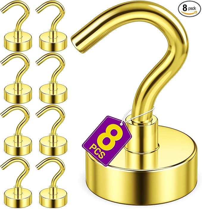 Magnetic Hooks, Heavy Duty Magnets with Hook, 25lbs Magnetic Hooks for Hanging Mugs, Magnetic Cruise Hooks for Cabins, Lock Accessories, Home, Classroom (Gold, Pack of 8)