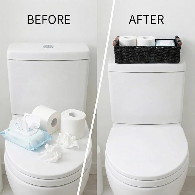 Back of Toilet Basket, Black Toilet Tank Basket for Toilet Paper Storage (Holds 2 Rolls), Paper Rope Wicker Storage Bin with Wooden Handles for Toilet Top, Over Toilet Shelf, Bathroom Counter