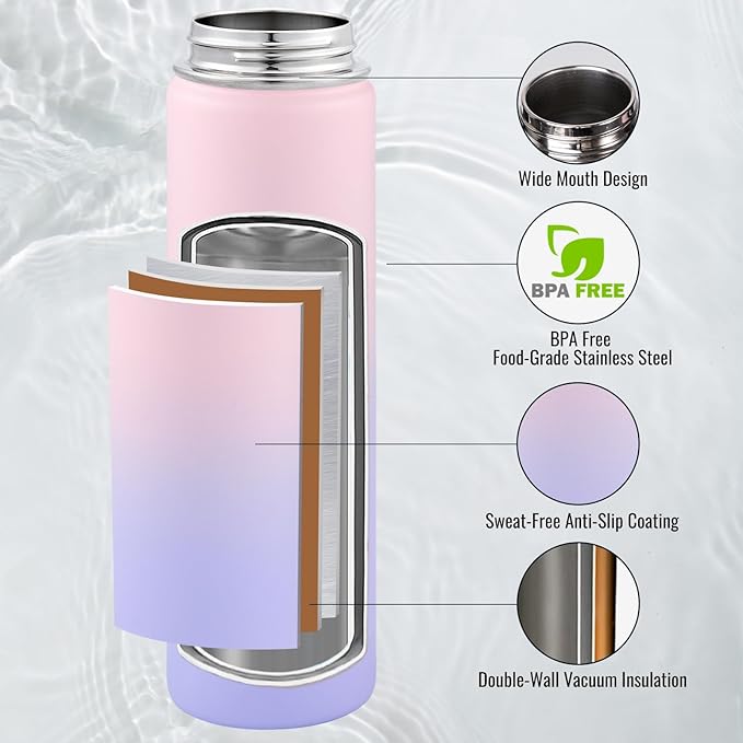 24 oz Insulated Water Bottle with Handle, 309 Stainless Steel Water Bottles with Wide Mouth, Double Wall Vacuum Sports Water Bottle, BPA Free, Keep Cold and Hot, Pink/Purple