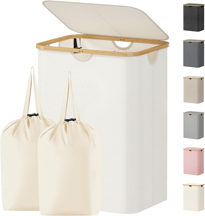 Lifewit 150L Laundry Basket with Lid, Clothes Hampers for Laundry with Bamboo Handles and 2 Removable Bag, Large Foldable Laundry Hamper for Bedroom, Bathroom, Dorm, Laundry Room, Off White