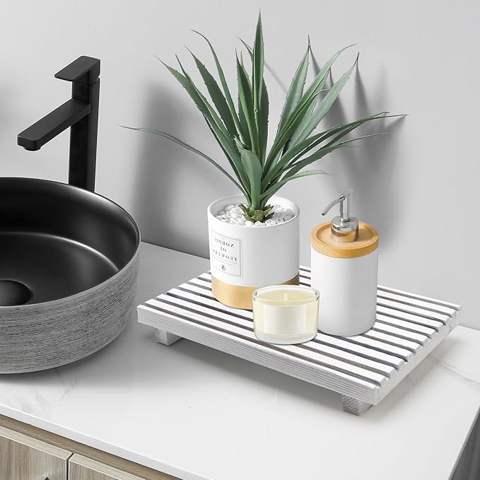 Modern White Wood Pedestal Stand for Bathroom Tray Kitchen Counter Decor Bathroom Sink Accessories Decorative Wooden Risers for Kitchen Soap Tray Vanity Bathroom Counter Decorations Dish Soap Holder