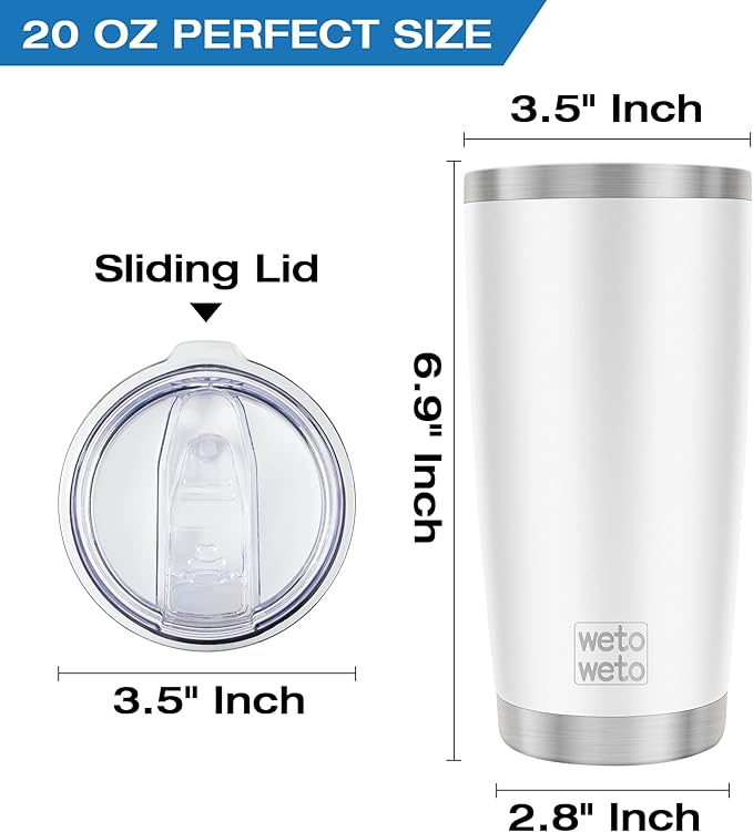 WETOWETO 20oz Insulated Stainless Steel Tumbler, Double Wall Vacuum Leak-proof Travel Coffee Mug, Powder Coated Water Cup (White, 1 Pack)