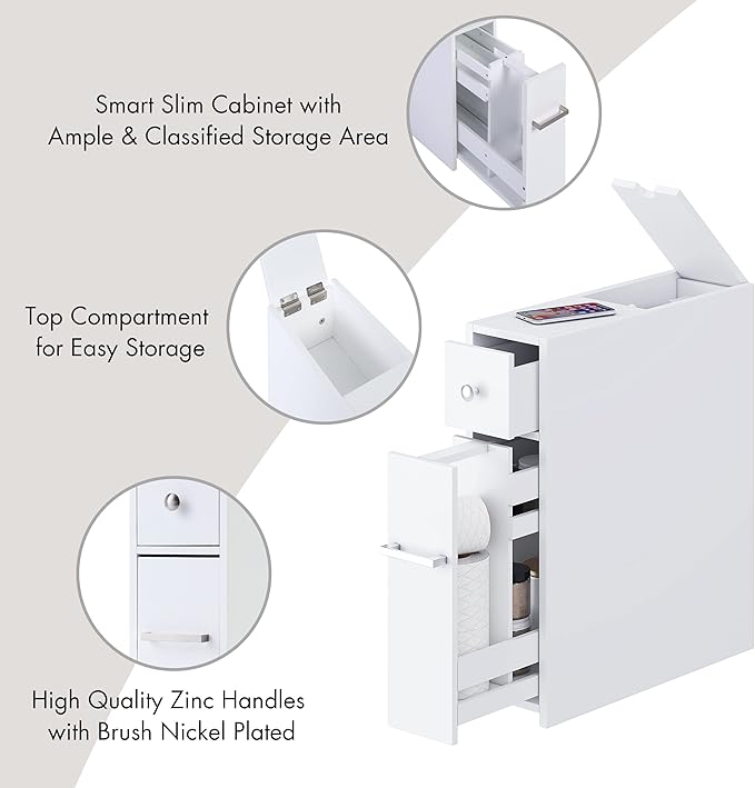 Spirich Slim Bathroom Storage Cabinet, Free Standing Toilet Paper Holder, Bathroom Cabinet Slide Out Drawer Storage, White
