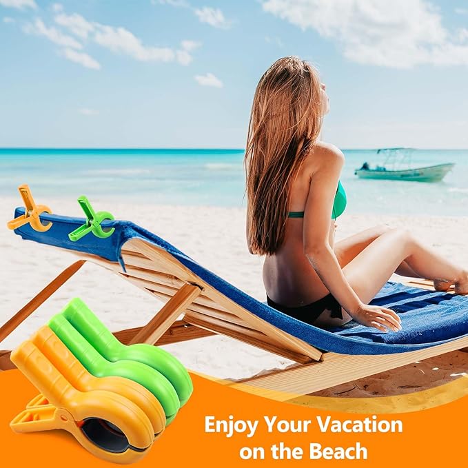 8 Pcs Beach Towel Clips for Beach Chairs, Towel Holder for Beach Chair Pool Chair on Cruise, Jumbo Size Heavy Duty Clothes Pins, Beach Chair Clips to Keep Your Towel from Blowing Away (Green, Orange)