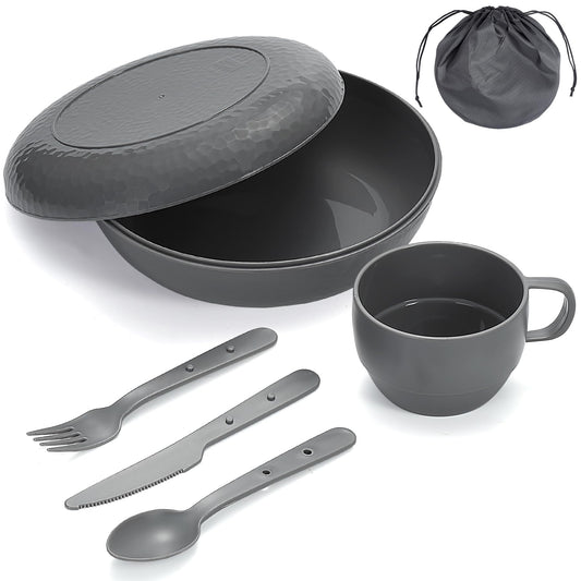 Berglander Camping Mess Kit with Bowl, Plate, Cup, Spoon, Fork, Knife and Carry Bag, Plastic Camping Accessories Essentials Gear for Travel, Camping, Picnic, Outdoor, Easy to Carry & Store