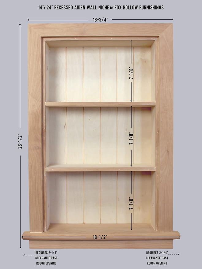 Fox Hollow Furnishings 14x24 Aiden Recessed Wall Niche Medicine Cabinet Replacement, in The Wall Bathroom Cabinet Insert Shelf/Shelves, Made in North America, Real Wood, NO MDF, Beadboard, Unfinished