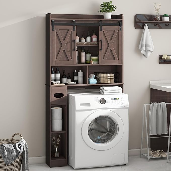 Vabches Over The Toilet Storage Cabinet, Farmhouse Storage Cabinet Over Toilet with Sliding Doors & Toilet Paper Holder Stand，Home Space-Saving Toilet Rack, for Bathroom, Laundry and Restroom