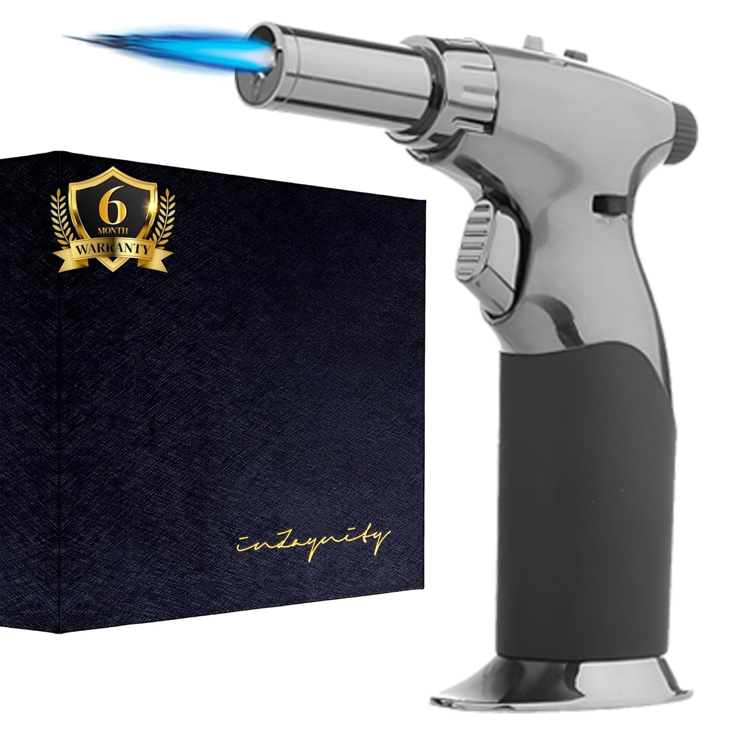 Dual Flame Butane Torch - Refillable Handheld Blow Torch for Cooking, Soldering, & Resin Art w/Adjustable Flame & Ignition Lock - Kitchen Blow Torch & Luxurious Gift Box by inZaynity® - Brown Steel