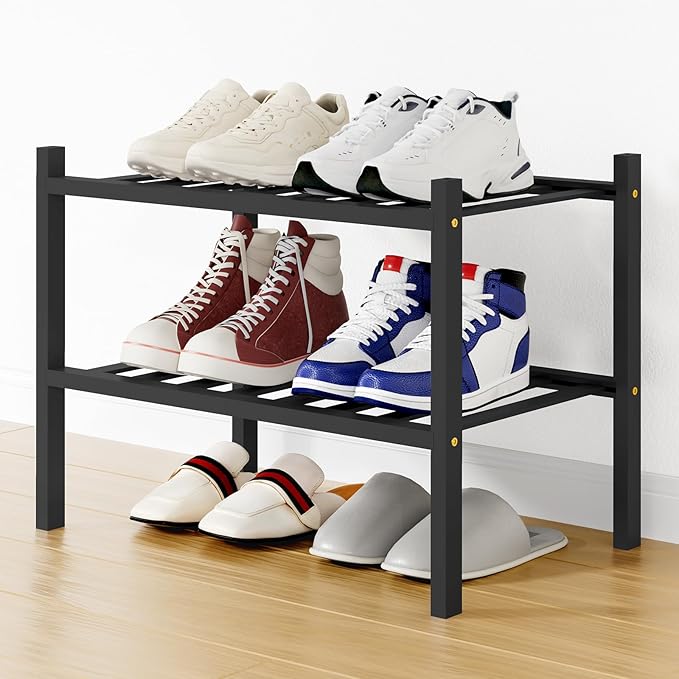 Smiry Shoe Rack, 2 Tier Small Bamboo Shoe Organizer, Stackable Free Standing Wooden Shoe Storage Shelf for Closet, Entryway, Front Door Entrance, Black