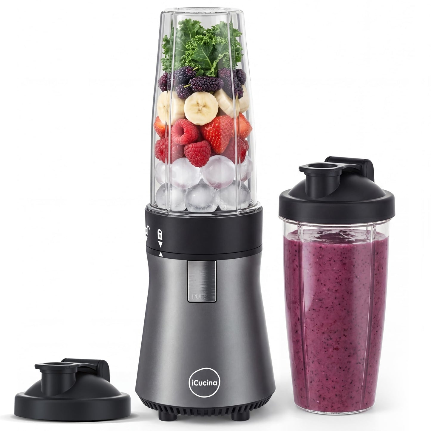 iCucina Smoothie Blender, 1000W Personal Blender for Shakes and Smoothies with 2 x 32oz Protable Cups and Lids, Single Serve Blenders for Ice Crushing, Bean Grinding, Frozen Fruit Drinks, Black