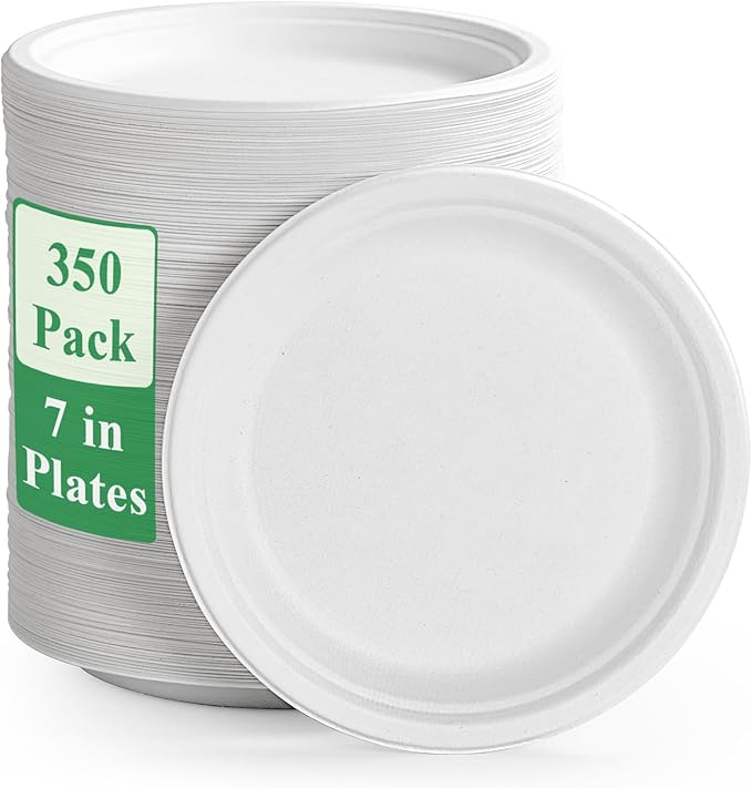 Vplus 350 Pack Compostable Bagasse Paper Plates 6.9 inch, Nature