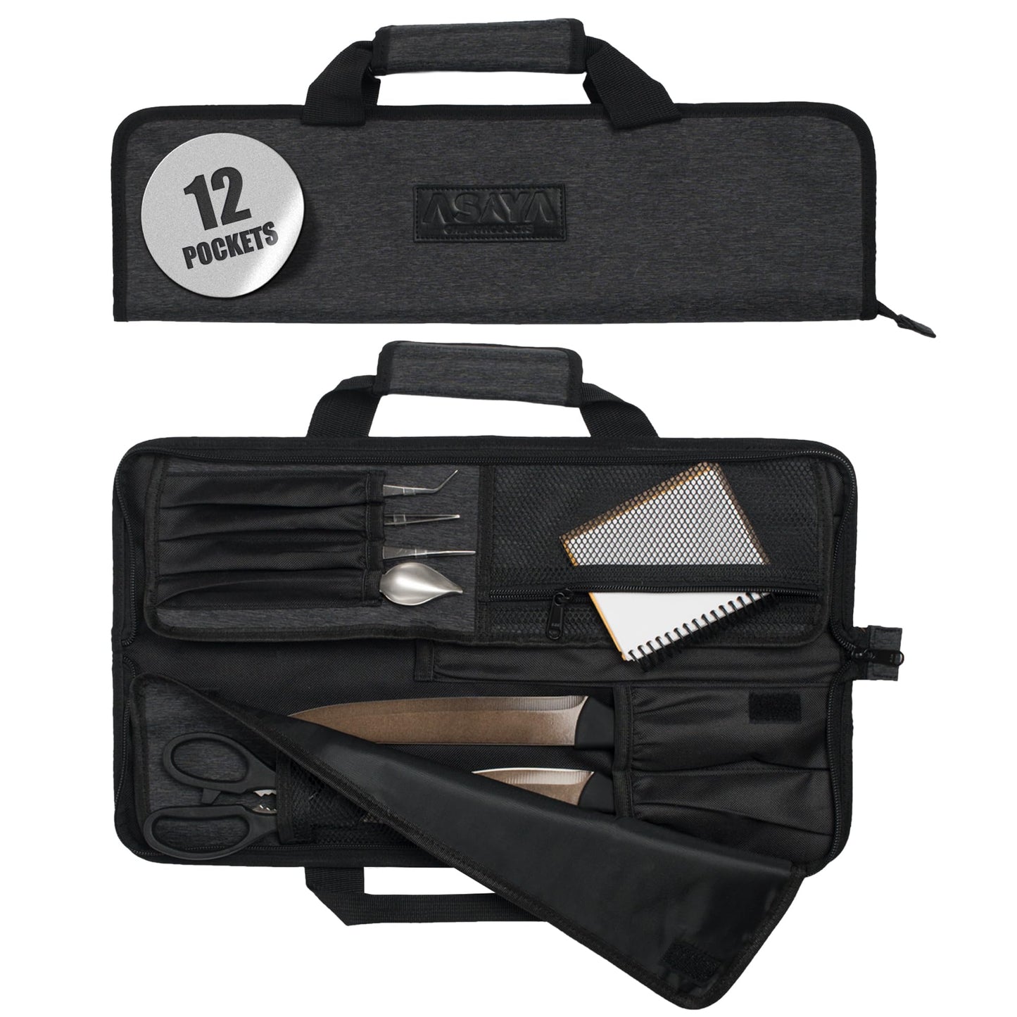 Asaya Chef Knife Roll Bag - 12-Pocket Chefs Case for Kitchen Knives and Utensils, Lightweight Stain-Resistant Waxed Nylon Chef Knife Bag - Knives Not Included (Grey)