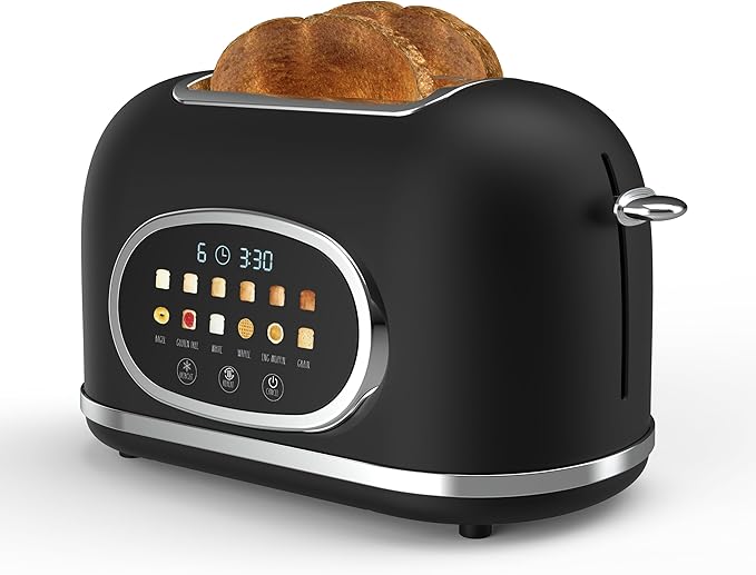 Rae Dunn Retro Digital Electric Toaster, 2 Slice Stainless Steel Toaster With Touchscreen, Countdown Timer, 6 Shade Settings, Wide Slots, High Lift Lever, Bagel, Defrost & Reheat, Digital Cream