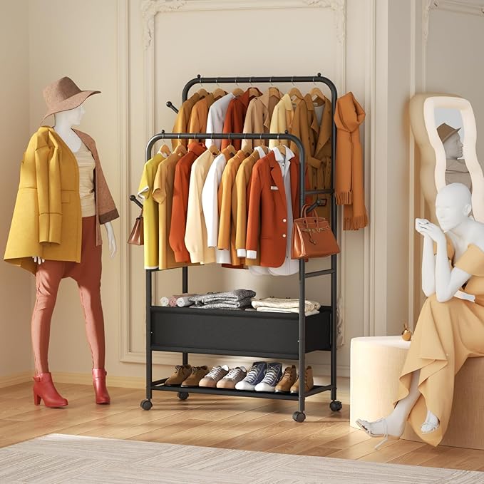 Furologee Clothing Racks for Hanging Clothes, Portable Rolling Garment Rack, Sturdy Metal Freestanding Clothes Rack with Wheels, Double Rods Wardrobe Racks for Bedroom Laundry Living Room