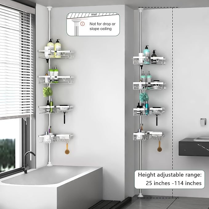 Shower Caddy Tension Pole - Corner Shower Shelves with Soap Holder Bathroom Shower Organizer for Tub (Stainless Steel, Silver, Floor to Ceiling 25-114.2 inch)
