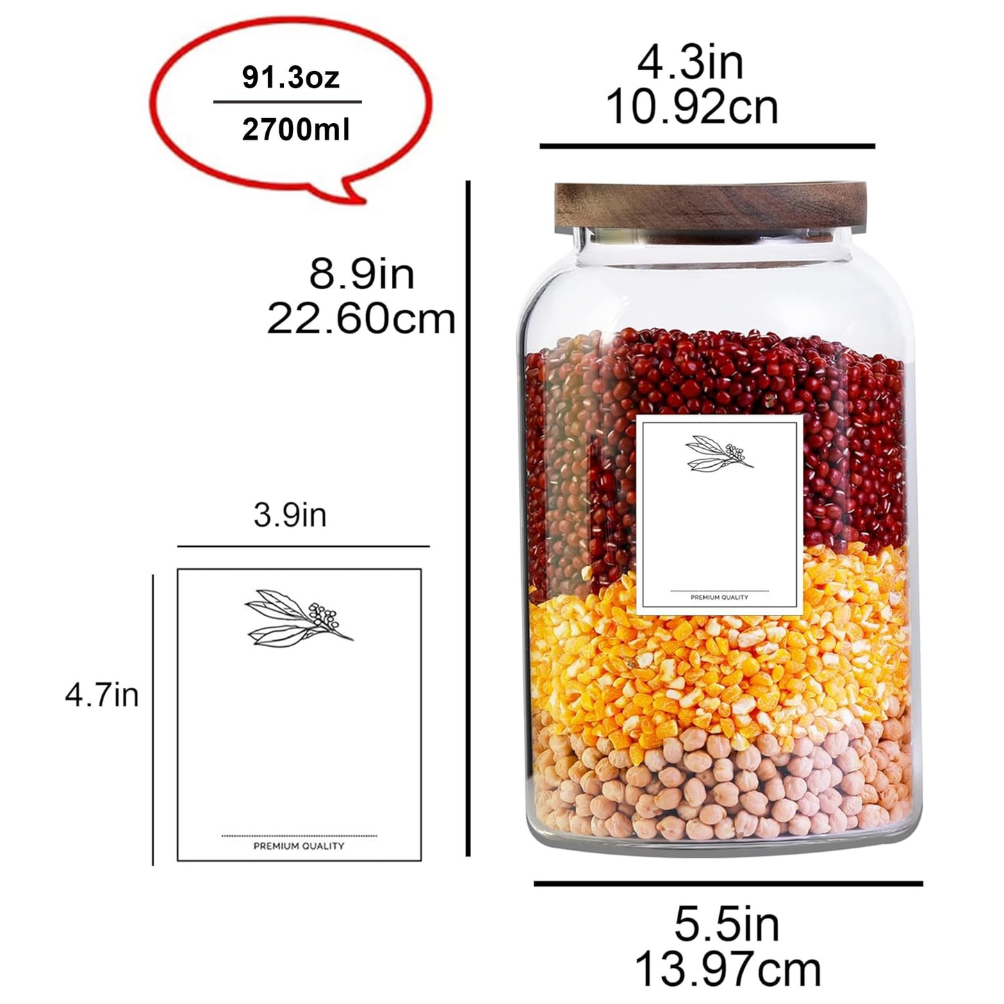 COBKSXUEP Two 2.7L Large Capacity Transparent Glass Sealed Jars with Lids.Food Storage Jars,Used for Various Food Preservation Jars,Such As Coffee,Rice,Flour,Sugar,Spices,Beans,and Grains