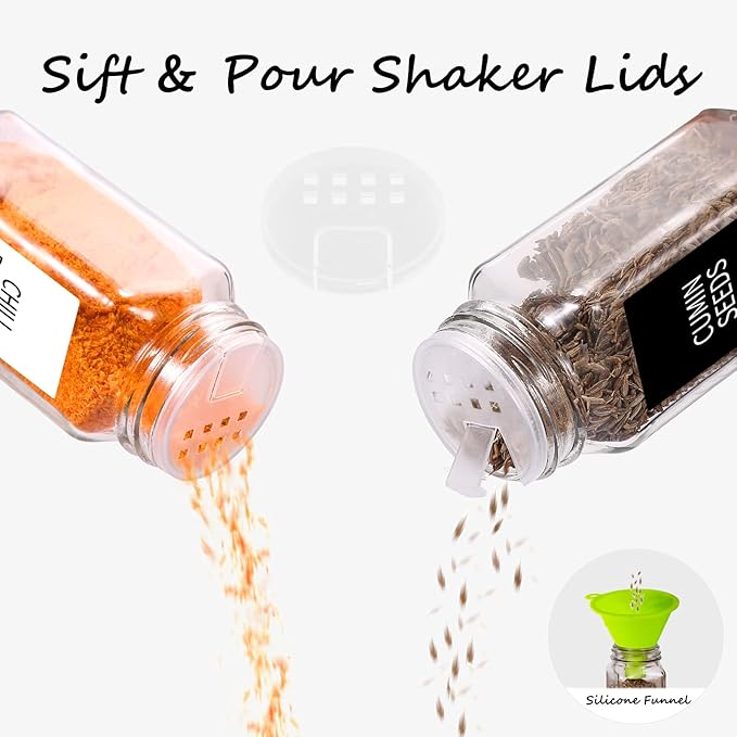 Churboro 48 Spice Jars with 547 Labels- Glass Spice Jars with Black Metal Caps, 4oz Empty Spice Containers with Shaker Lids, Funnel, Chalk Pen, Square Seasoning Bottles for Spice Rack, Drawer, Cabinet