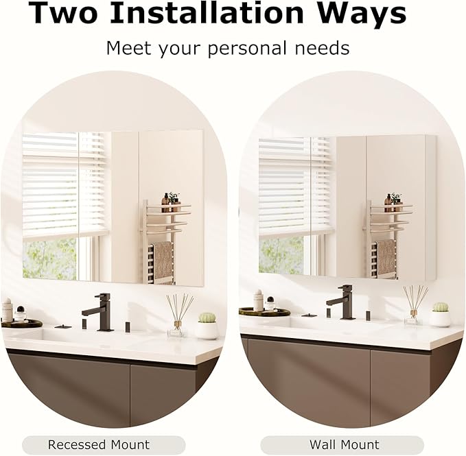 Tangkula Mirrored Medicine Cabinet, Large Wide Wall Mounted Storage Cabinet with 3 Mirror Doors, Hanging Bathroom Organizer, White, 34.5 x 5 x 25.5 Inches