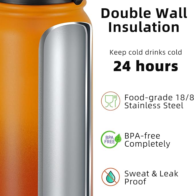 Fanhaw 20 oz Insulated Stainless Steel Water Bottle with Anti-Dust Chug Lid, Leakproof Vacuum Metal Bottle for Kids, Women & Men (Yellow Orange)