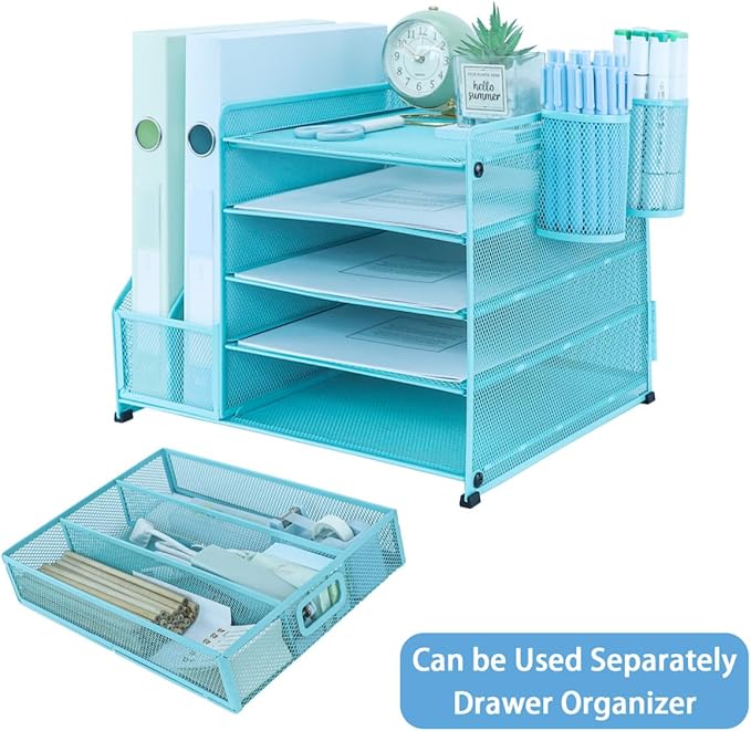 Desk Organiser File Holder With 2 Pen Holder, 5 Tier Paper Letter Tray Organiser with Drawer,Mesh Desktop Storage with Magazine Holder for Office Supplies, Sky Blue