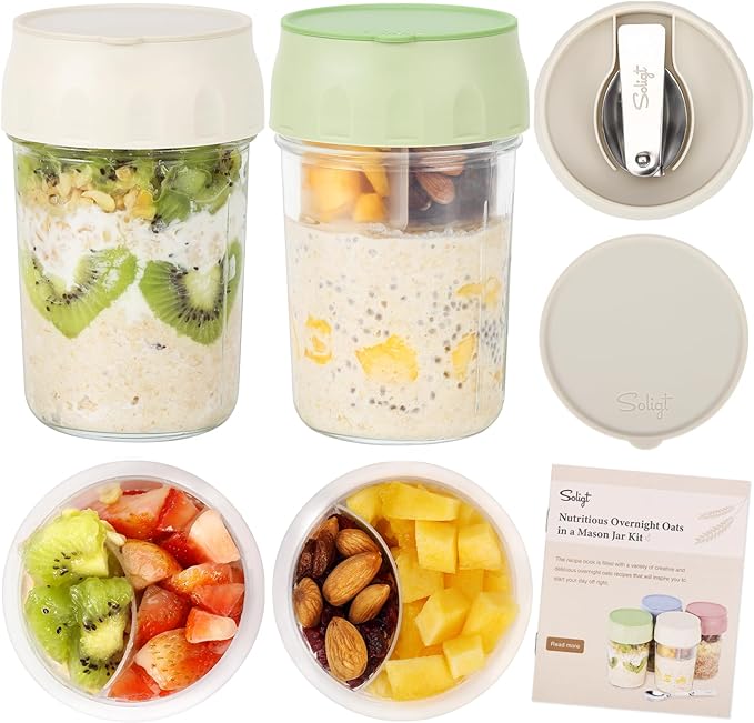 SOLIGT Overnight Oats Containers with Lids, Folding Spoons and Divided Compartment for Fruit & Nuts, Small Glass 16oz Mason Jars for Oatmeal Yogurt Parfait (2 Set-Smoke Gray/Oat White)