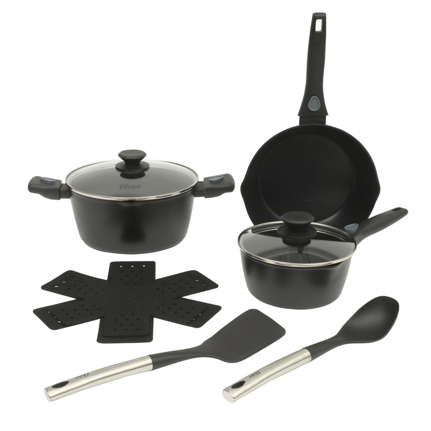 Oster SmartHandle Advance 13-Piece Ceramic Nonstick Cookware Set – Matte Black Finish, Gray Interior, Induction Base, Detachable Handles, Oven & Dishwasher Safe, With Utensils & Pan Protectors