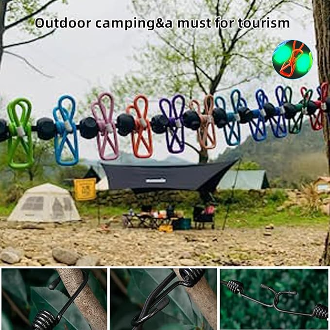 Retractable Travel Clothesline，Portable Clothesline Clothing line with 12 Clothes Clips， for Indoor and Outdoor Laundry Drying line，Outdoor Camping Accessories - with Luminous Buckle (White)