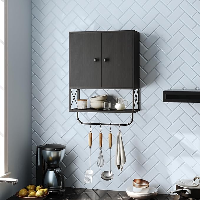 Bathroom Wall Cabinet with 2 Door and Adjustable Shelf, Farmhouse Medicine Cabinet with Towel Rack, 3-Tier Wall Mounted Storage Cabinet Over The Toilet for Bathroom, 18.9" L, Black