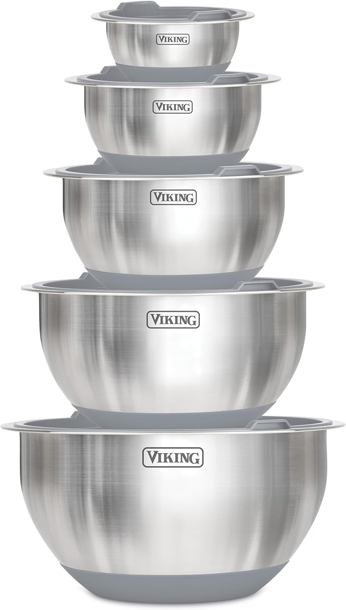 Viking Mixing Bowls Set, 10 Piece Stainless Steel Kitchen Cookware, Non-Slip Silicone Base, Includes Tight Fit Lids, Dishwasher Safe, Blue