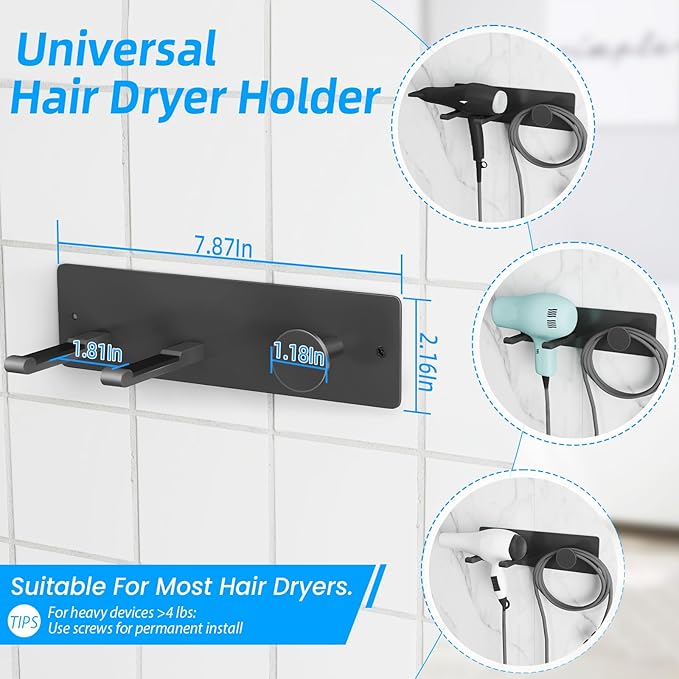 Self Adhesive Hair Dryer Holder Wall Mounted-Bathroom Hair Blow Dryer Rack Organizer Compatible with Supersonic Hair Dryers, Matte Black