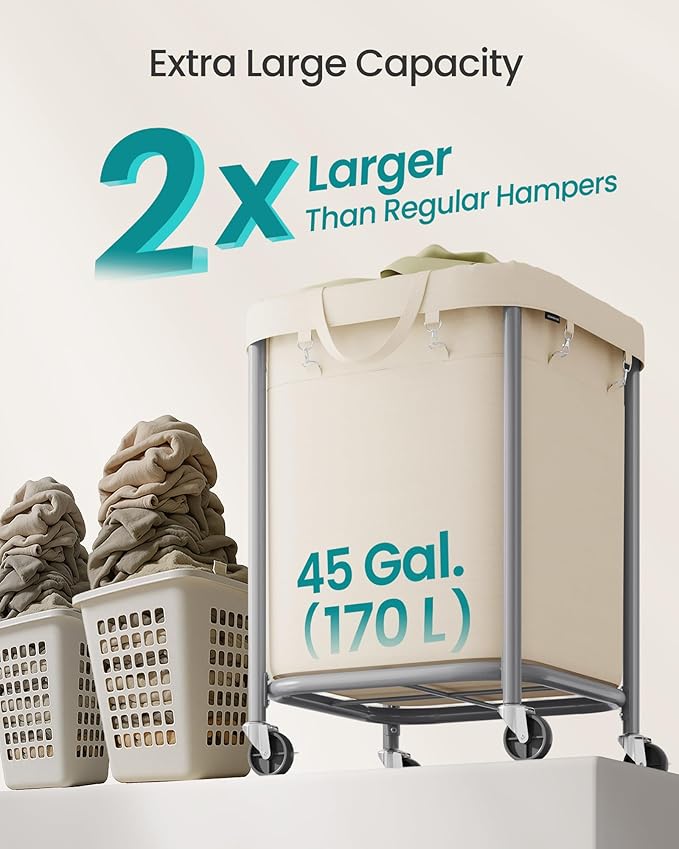 SONGMICS 45-Gallon (170 L) Laundry Basket with Wheels, Rolling Square Heavy-Duty Laundry Hamper Cart with Steel Frame and Removable Bag, 2 Locking Wheels, Cream White and Metallic Silver URLS015WD01
